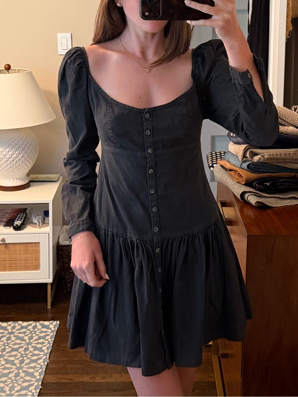 Free People Black Puff-Sleeve Button Mini Dress